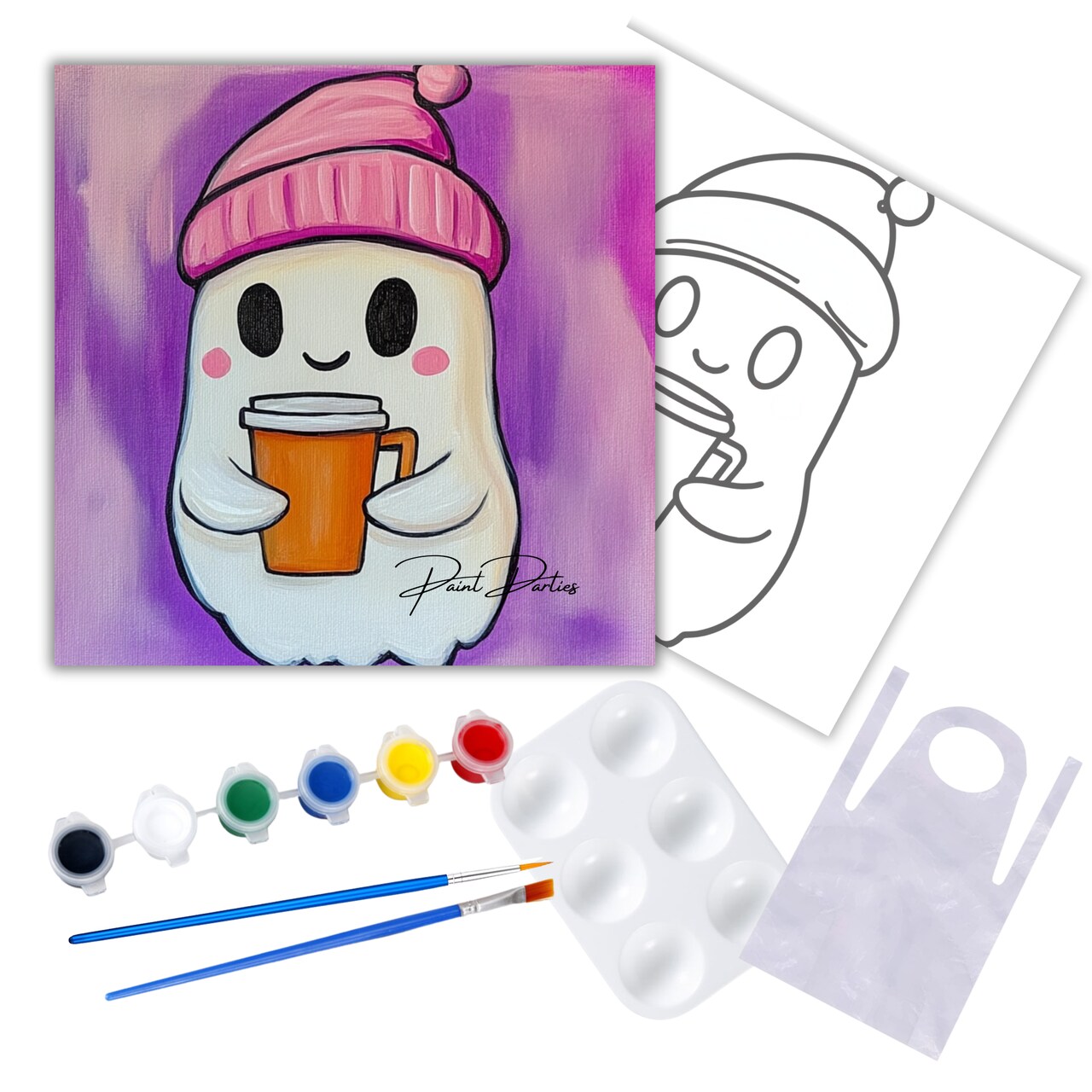 "Coffee Lover Ghost" DIY Canvas Art Kit, Adult Beginner, Acrylic Paint Size 11x14 inch